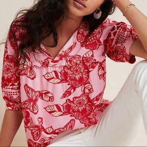 Pink and Red Floral Embroidered Blouse from Anthropologie, XL